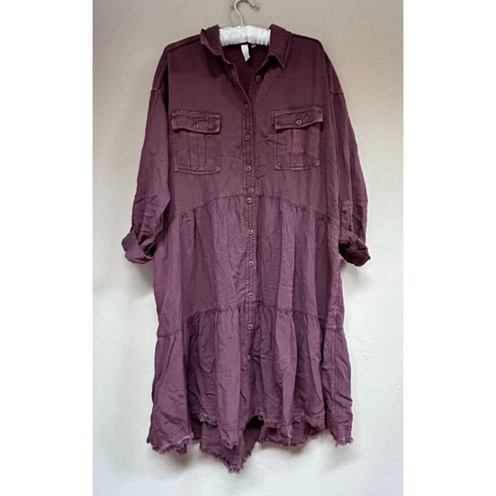 Pilcro Anthropologie Roll-Tab Sleeve Tiered Shirt Dress Small Plum Pockets Raw